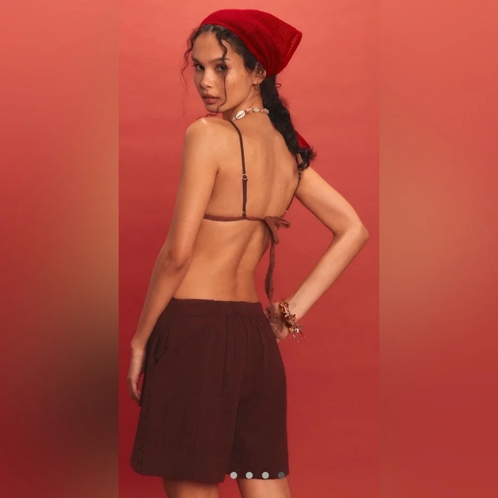 NWT Free People Pucker Check Wrap Shorts chocolate fondant brown Large